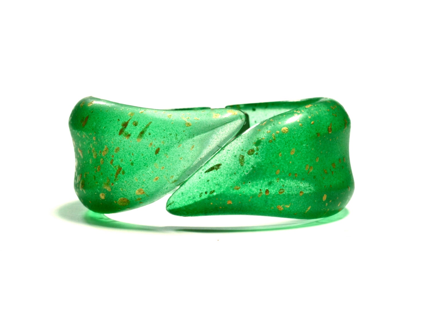 Fun 80s BRIGHT GREEN Frosted Lucite Clamper Bangle Bracelet - Gold Spatterpaint - NOS - vcat