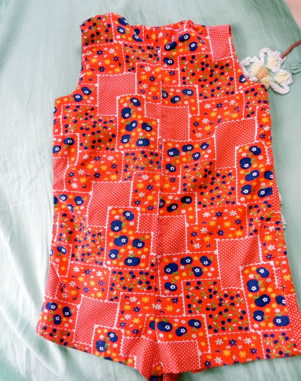 Vintage Girls 60s 70s Red Flower Print Romper