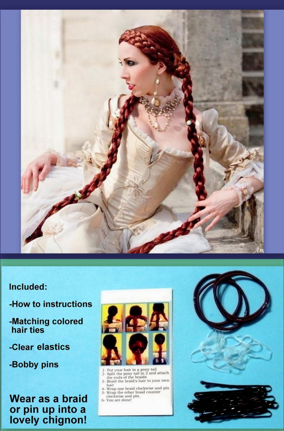 hair Medieval Renaissance costume wig SCA ren faire garb long 2 Braid hair extensions princess wig hair falls accessories synthetic hair