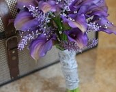 Real Touch Purple Calla Lily Wedding Bouquet - Purple Gray and Silver
