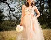 The Peaches and Cream Blushing Bride Dress Floor Length Tulle with Apricot Sash Custom Size