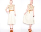 RESERVED 70s Beige Accordion Pleated Knit Skirt - 1970s Chic High Waist Flared Aline Knee Length Skirt - M 8 10 NOS