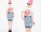 80s Acid Wash Bandage Mini Skirt - 1980s High Waist Fitted Stonewash Jean Denim Skirt - S 4 6