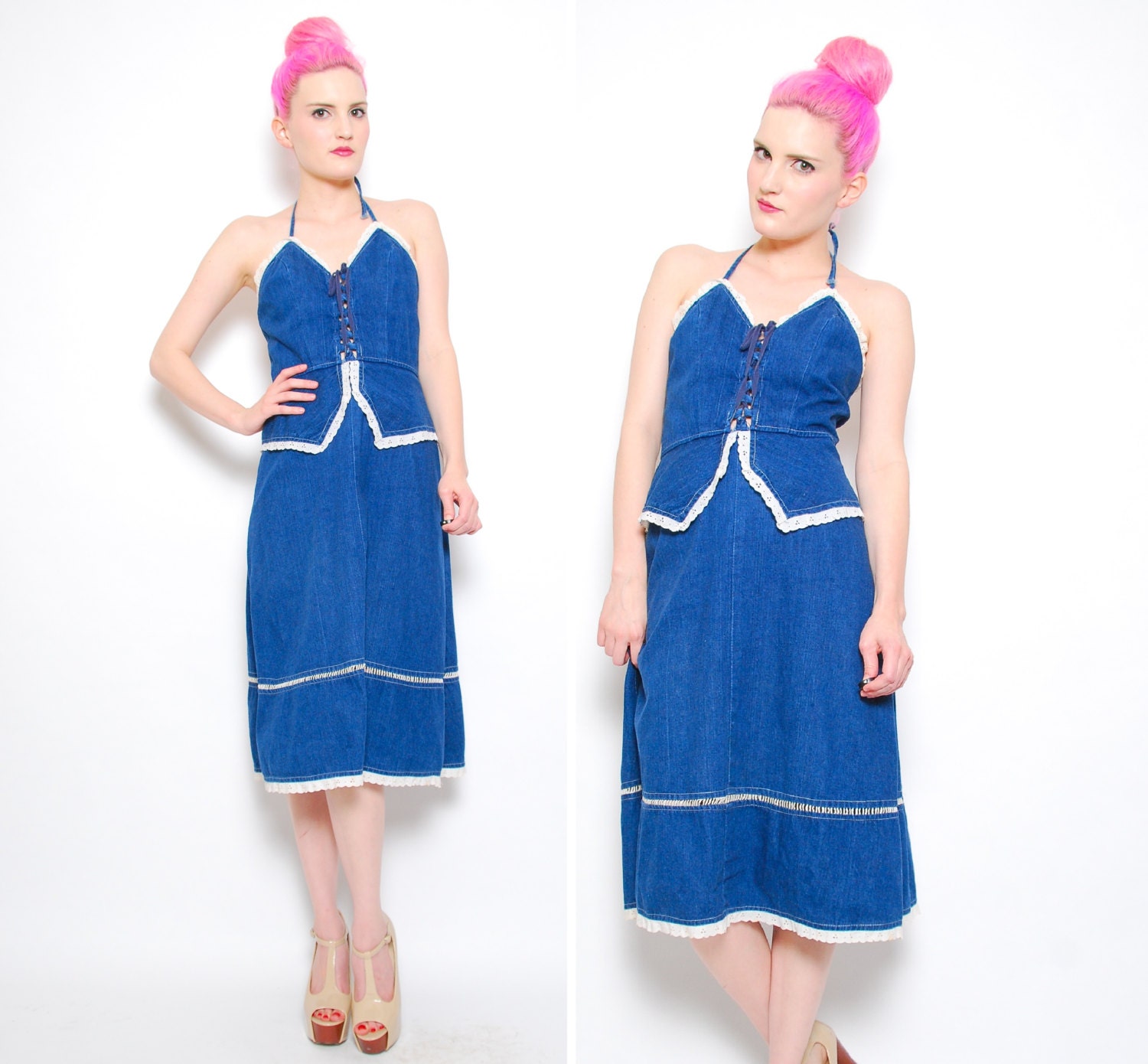 70s Denim Peplum Halter Dress - Boho Hippie Jean Corset Lace Up Sunress - 1970s Festival Crochet Lace Skirt - XS S