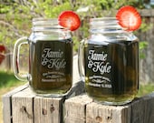 Engagement Gift Glasses (2) Etched Mason Jar Mugs, Couples Gift, Just married, Personalized Wedding Gift, Tea Cup, Wedding Present