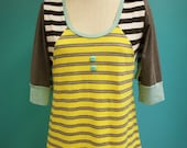 Yellow Gray Aqua Blue Striped V Neck Back Shirt - Size Large