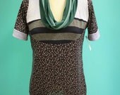 Navy Blue Lavender Damask Flower Print Cowl Shirt - Size Large