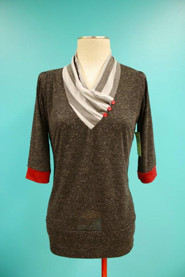 Gray Charcoal Black V Neck Cowl Red Striped Shirt  - Size Extra Large