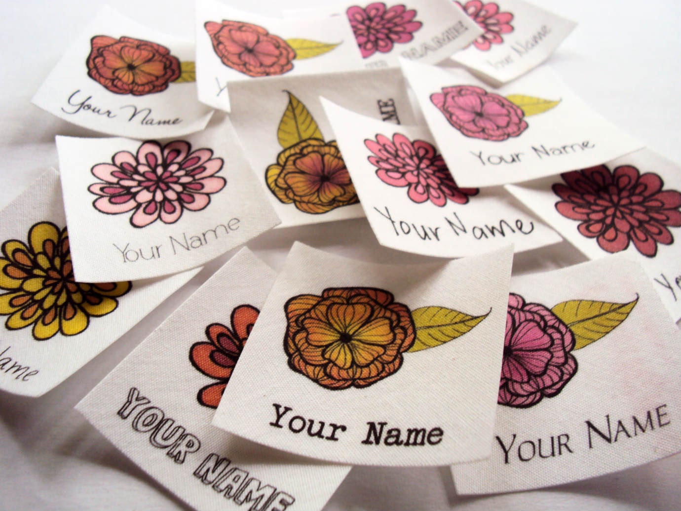 Organic Cotton Name Tags - personalized iron on clothing labels printed with flowers