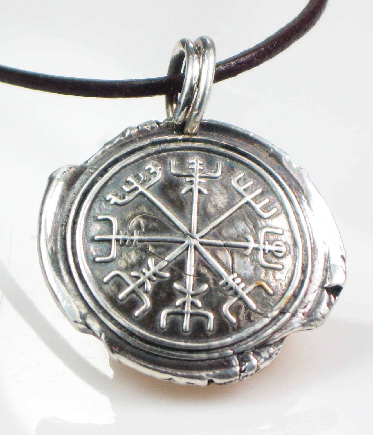 Norse Viking Nautical Compass Pendant Design - Fine Silver with Round Leather Cord Necklace and Sterling Silver Clasp
