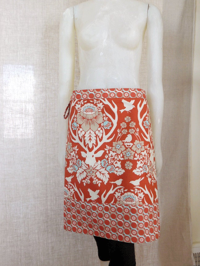 Turquoise burnt orange deer bird apron