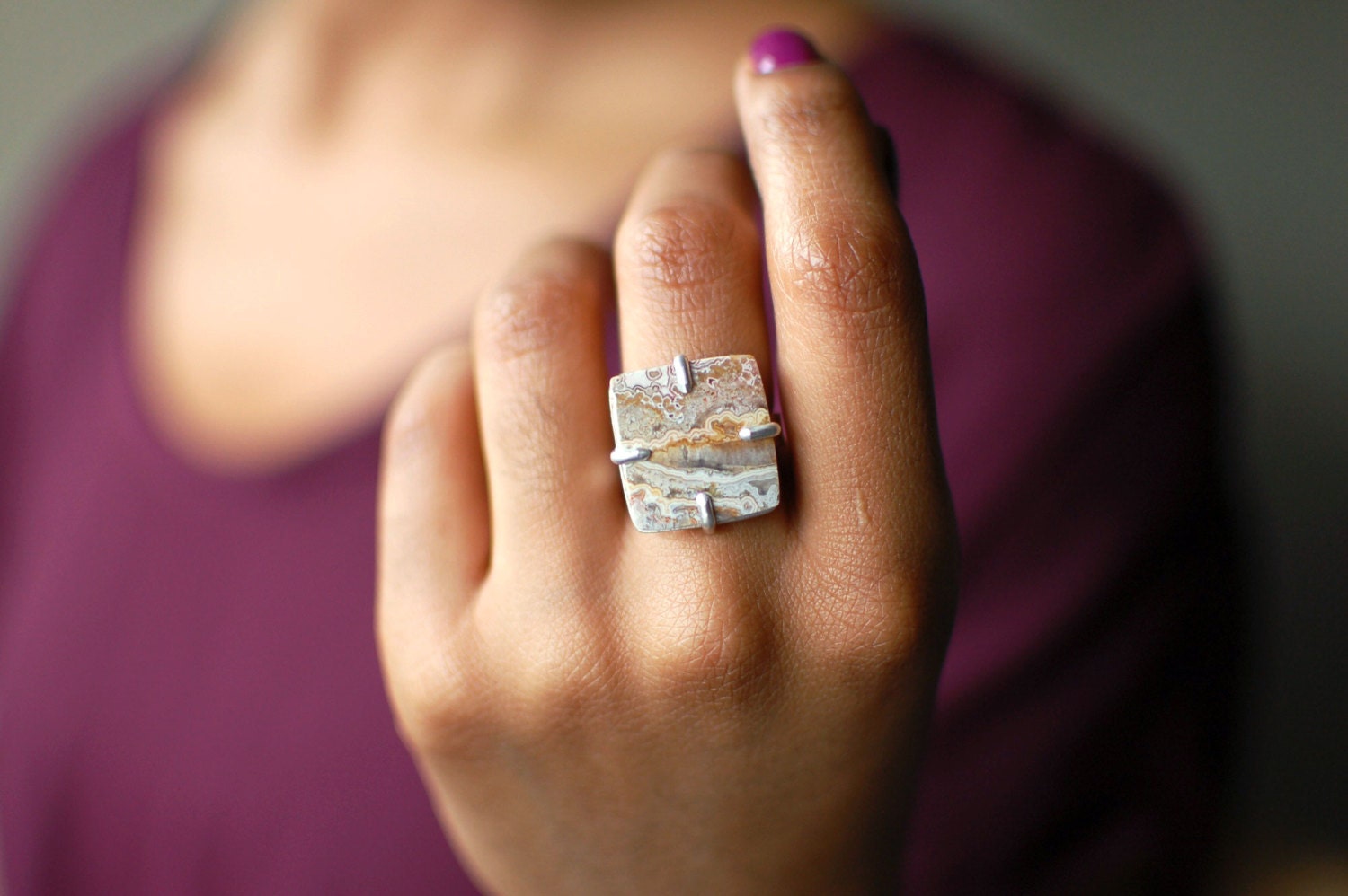 Crazy Lace Agate Ring Recycled Sterling Silver Ring Size 6.5  / Handmade in Seattle Jewelry Cocktail Ring Big Stone Ring Statement Ring