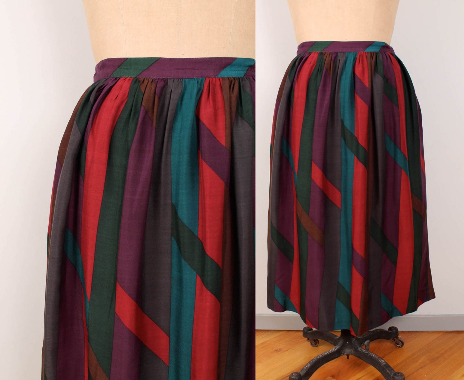 1980s Silk Midi Skirt - Womens L - Bold Graphic Print Broken Stripes Abstract Pattern Burgundy Teal Forest Green Purple Grey Gray Brown 80s