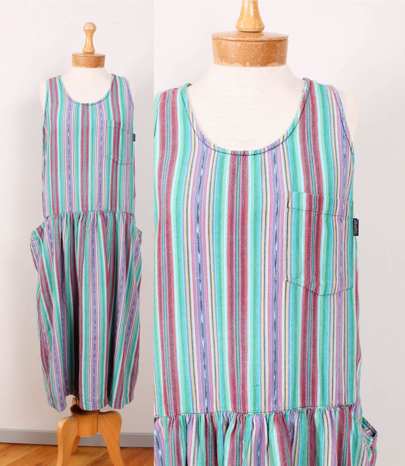 80s / 90s Esprit Guatemalan Dress - Womens S - Striped Cotton Tank Dress Full Skirt Midi Cotton Pink Blue Green Yellow Purple Black Red