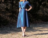 Vintage 1950s Dress in Metallic Blue Tafetta . Spring Summer Mad Men Style . Womens Size Small to Medium