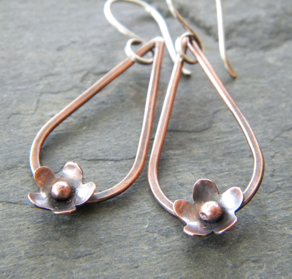 Copper Flower Teardrop Earrings Sterling Silver Ear Wire Oxidized Artisan Jewelry