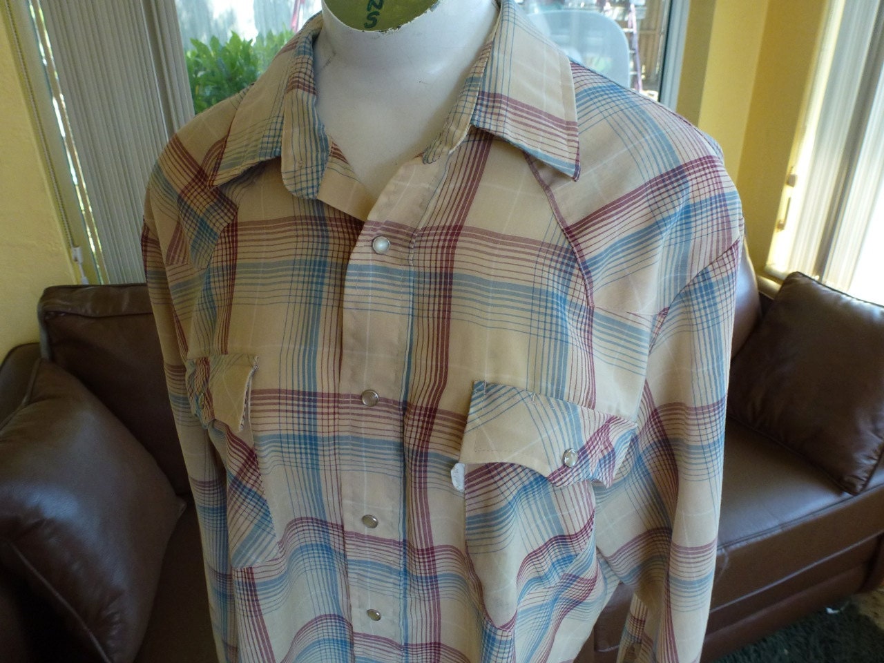 Levis western long sleeve tan plaid shirt - 1980s vintage