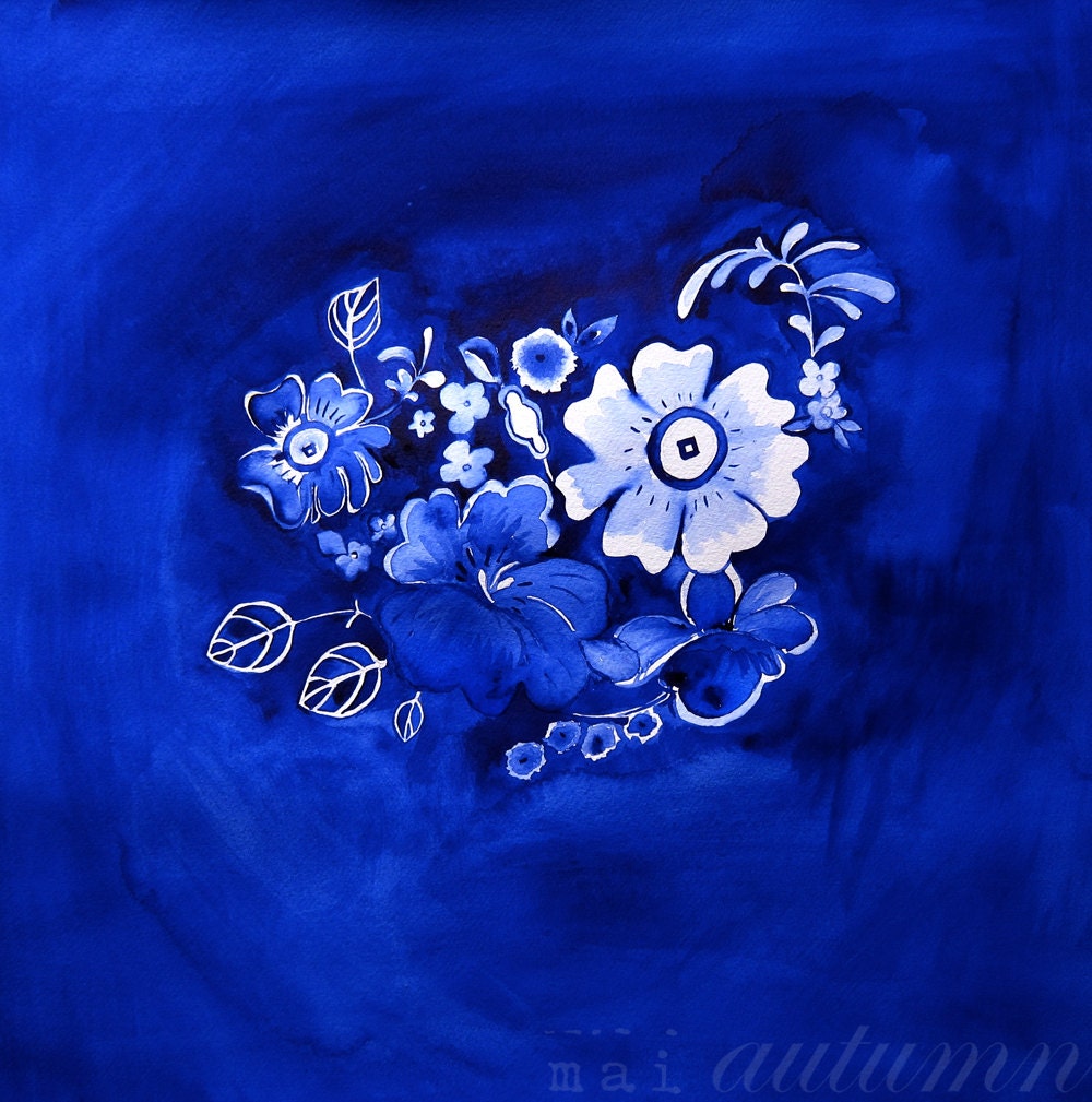 30% Off SALE - Delft Floral - Folk Art - Illustration - Watercolor - 10x10 Giclee Print - Dutch - Amsterdam - Flowers - Blue