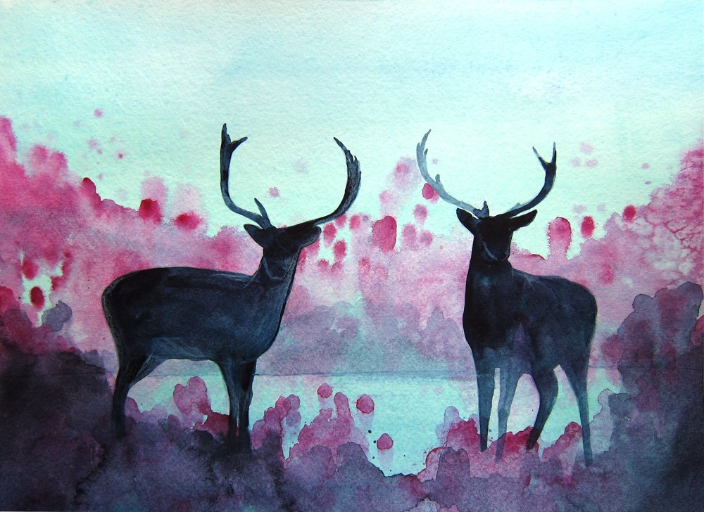 30% Off SALE - Eventide- Deer Painting - Watercolor Painting - 8x10 Print - Forest - Landscape Painting - Stag - Patronus - Harry Potter