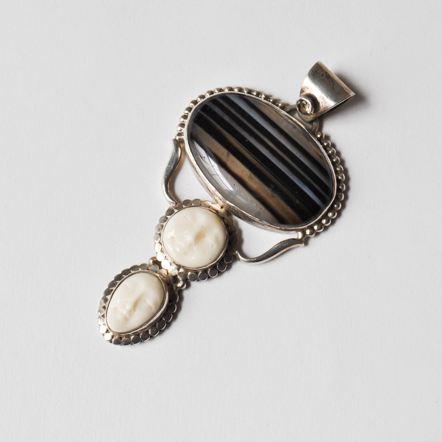 vintage sterling silver carved bone botswana agate pendant / Over the Moon pendant