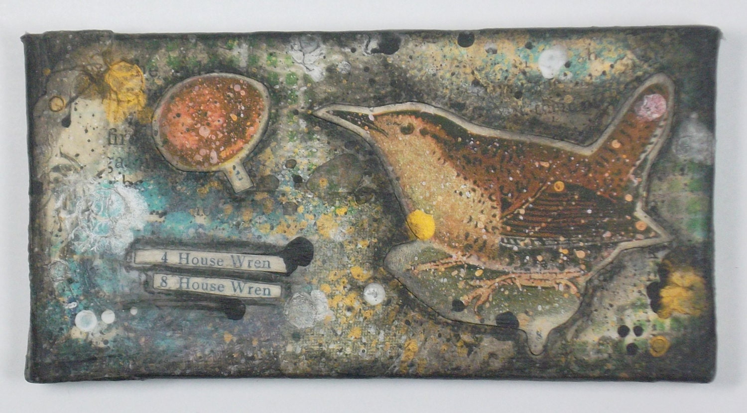 Original "House Wren" Miniature Bird Mixed Media Collage Art on 4"x2" Mini Canvas