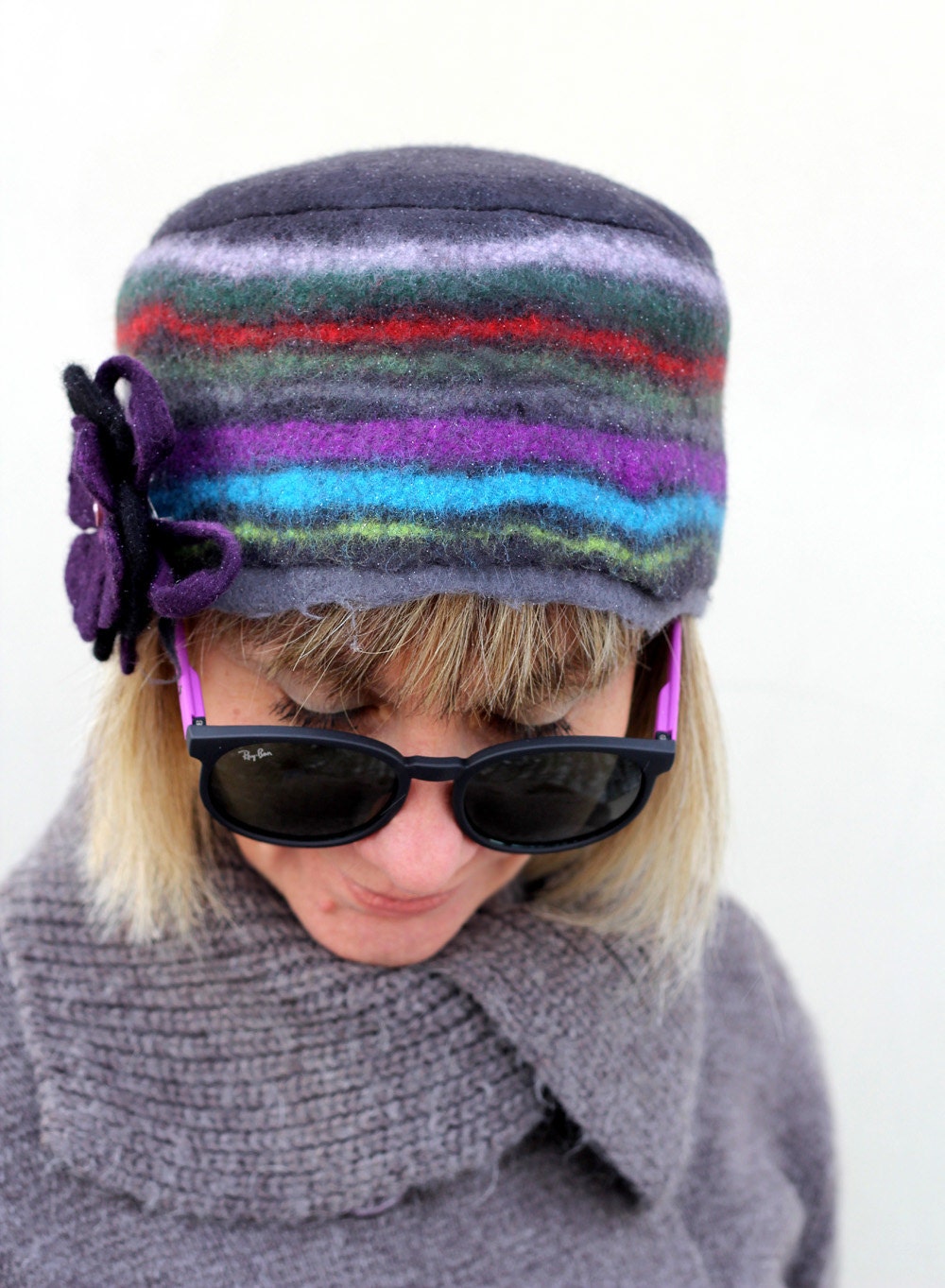 Hand felted merino wool unusual original hat romantic spring fashion for her stripes in multicolor black grey purple plum felt flower