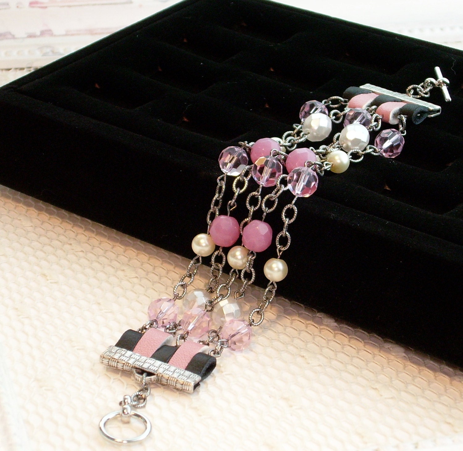 Pink white cream Crystals Pearls Leather Chain Bracelet