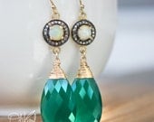 Gold Fire Opal and May Emerald Green Onyx Earrings - Diamond Encrusted - 14K Gold Fill
