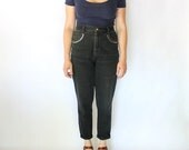 Vintage 80s Black Denim High Waisted Silver Studded Soft Jeans // Straight Pants