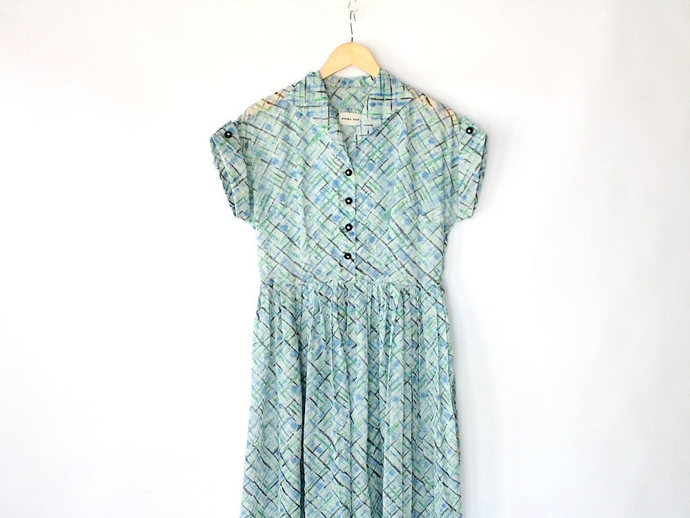 Vintage 60s Mint & Blue Sheer Printed Dress // Party Formal Spring Summer Dress