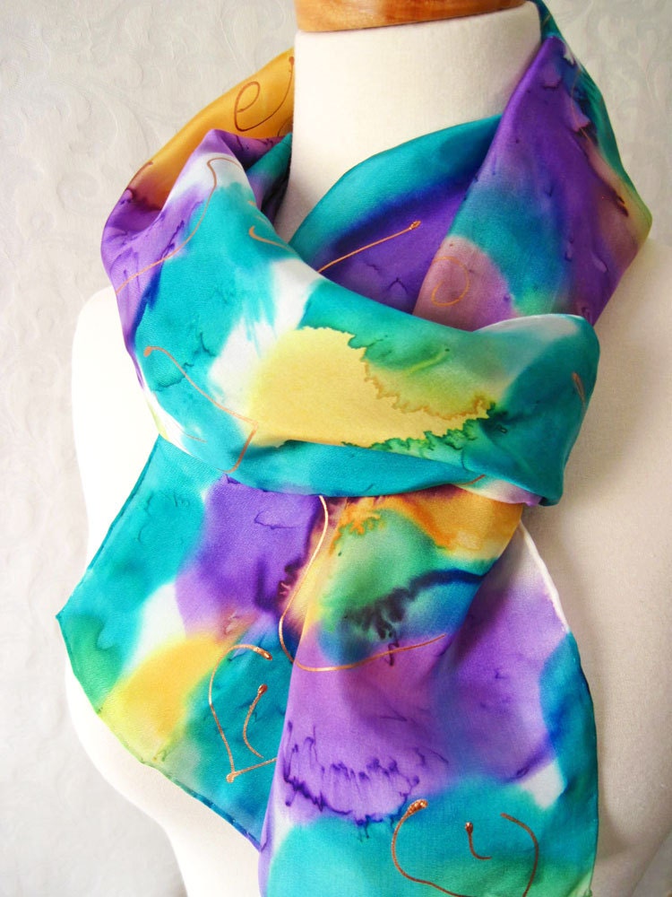 Silk Scarf Hand Painted in Orchid Purple Springtime Floral