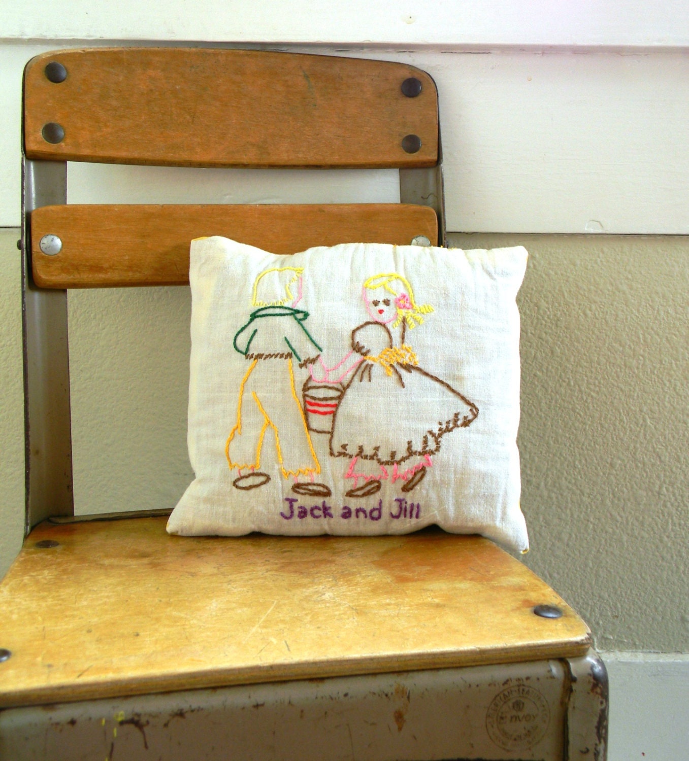 vintage embroidered JACK AND JILL childs pillow