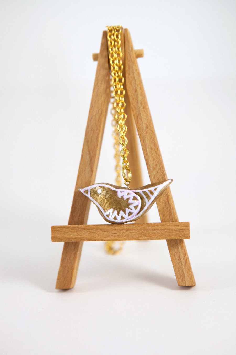 Gold Bird Necklace, OOAK, Hand Painted, Nature, Folk, Hipster, Boho, Chic, Hand Painted Pendant by Kimberly Kling