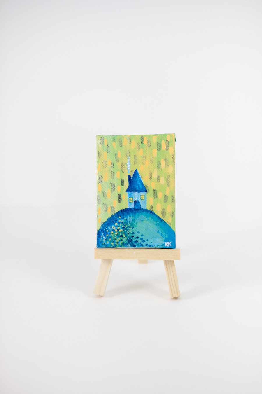Fairytale Folk House, Miniature Painting, Whimsical Small Art, Children's Art, Yellow and Blue - Original Mini Painting by Kimberly Kling