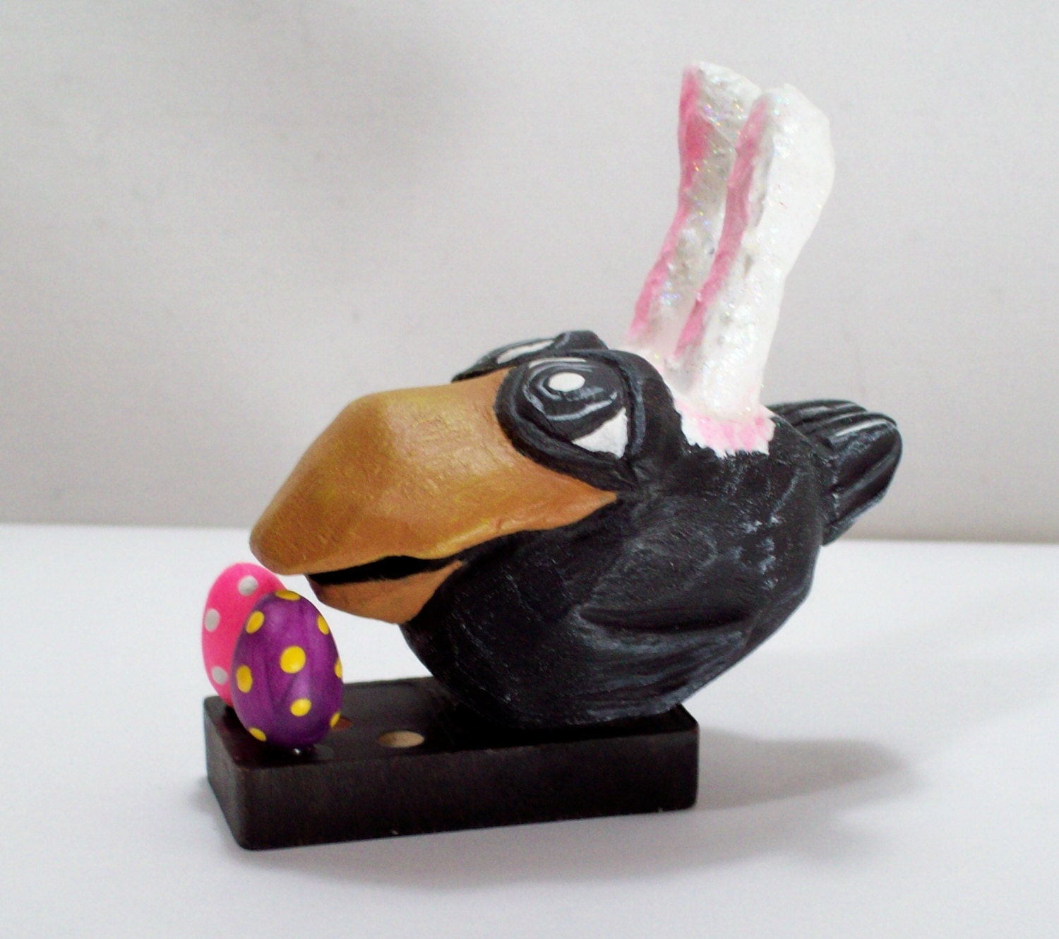 Black Bird Bunny Folk Art  Wood Carving Team Madcap Easter Decor Gift