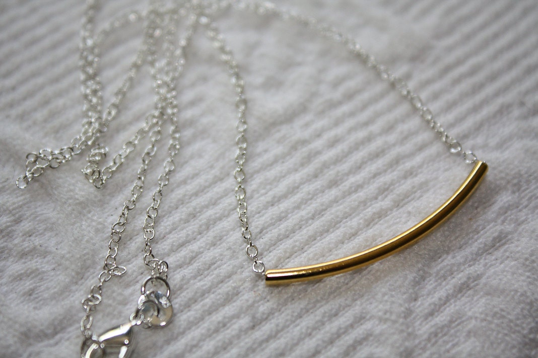 Golden Bar Necklace - Sterling Silver Filled Chain - Simple - gold tube