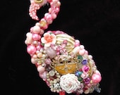 Vintage Jewelry Collage Sculpture Coco Pink Flamingo Decorative Art