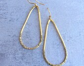 Large gold hoop earrings, Hammered drop dangle brass earrings.