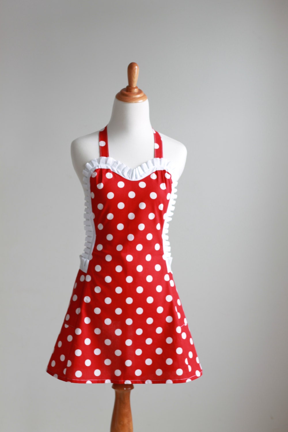 Ready to Ship Woman's Red and White Polka Dot Full Apron with Ruffle - The Sweetie Pie