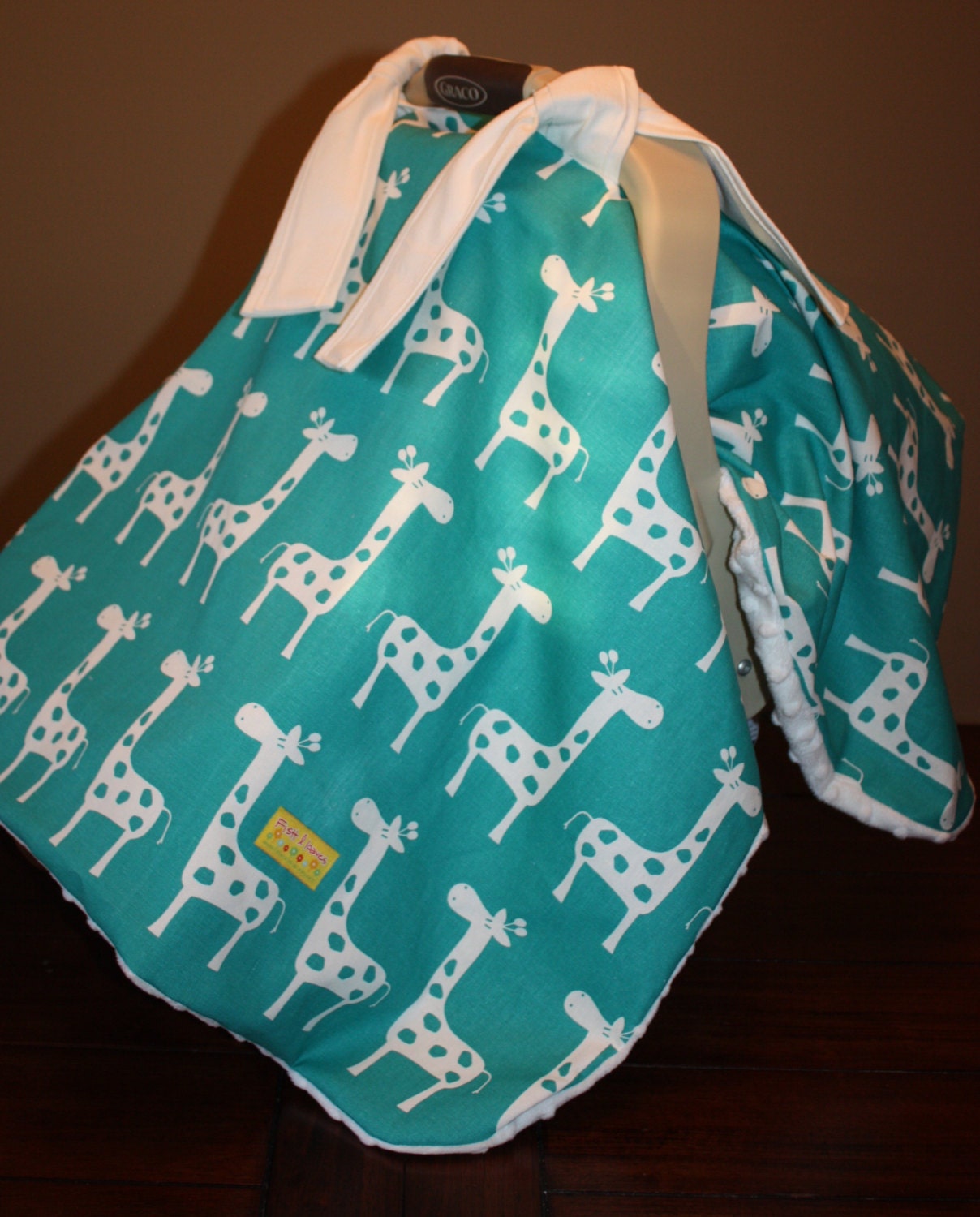 Giraffe Car Seat Canopy- True Turquoise Giraffe - Blue Deluxe Hideaway- Premier Prints Gisella Fabric with White Minky Dot