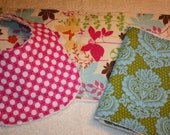 Bright Girl Bib Burp Set- Hot Pink with Dots, Enchanted Forest, and Blue and Green- Two Burps and One Bib Gift Set- Baby Girl Gift Set