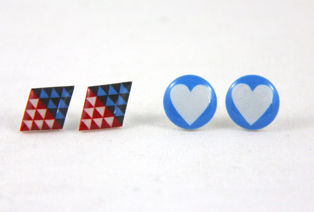 Blue Heart & Diamond Triangles - Earrings - Surgical Steel Posts