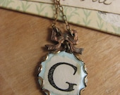 Shabby Chic G Monogram Necklace -sky blue, vintage paper, repurposed necklace, bridesmaid necklace