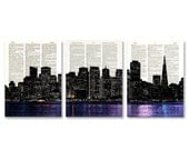 San Francisco Skyline 3 pack dictionary prints Cityscape awesome upcycled vintage dictionary page book art prints
