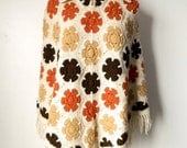 Vintage 1970s Knit Crochet Shawl Pull Over Poncho Floral 1970s Leslie Nan of California Boho Hippie