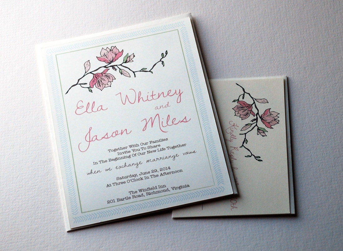 The Violet Collection - Vintage Inspired Magnolia Wedding Invitation Set in Blue, Mint, Pink and Cream