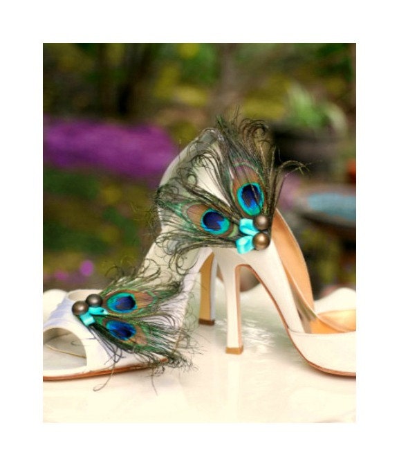 Fancy Shoe Clips Iridescent Peacock & Turquoise Bow. Sophisticated Bride Bridesmaid Bridal Party, Burlesque Boudoir, Golden Teal Aqua