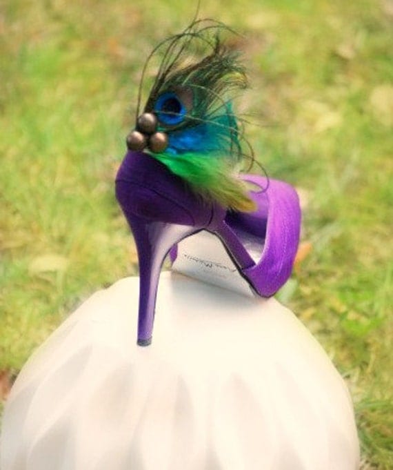 Shoe Clips Peacock & Rooster Feathers. Photo Prop Girls Night Party Gift, Metallics Bronze Teal, Boudoir Burlesque, Couture Bridesmaid Bride