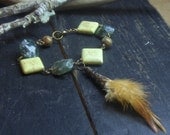 APACHE WINDS . Green Moss agate, Lime Magnesite, mushroom Jasper and Red schlappen feather bracelet
