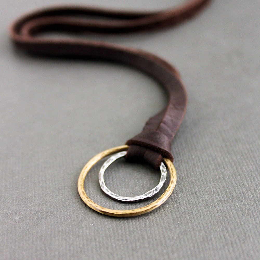 Leather Ring Necklace Sterling Silver Brass Pendant Deerskin Lace, Mixed Metal